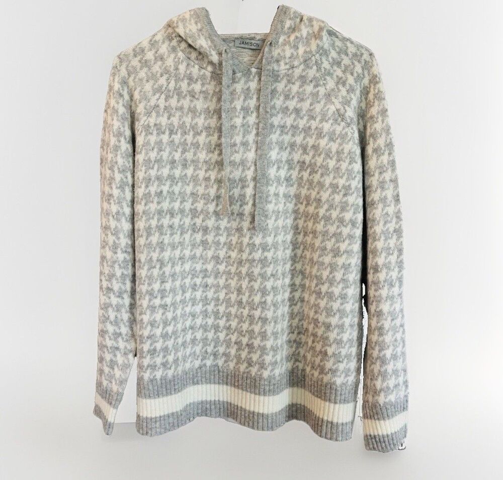 Jamison Gray Houndstooth Womens Sweater Size M Hooded Wool Angora Elbow Patch